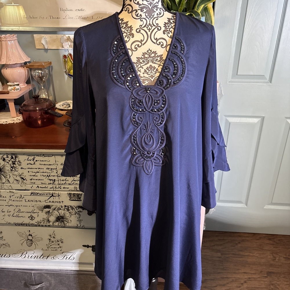 Lilly Pulitzer Tatiana Tunic Dress Sz Small Navy V Neck Bell Sleeves Silk Blend